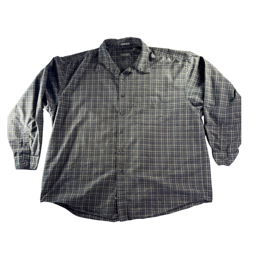 Van Heusen Mens XXL Black Tan Plaid‎ Micro Cotton Long Sleeve Button Down Shirt